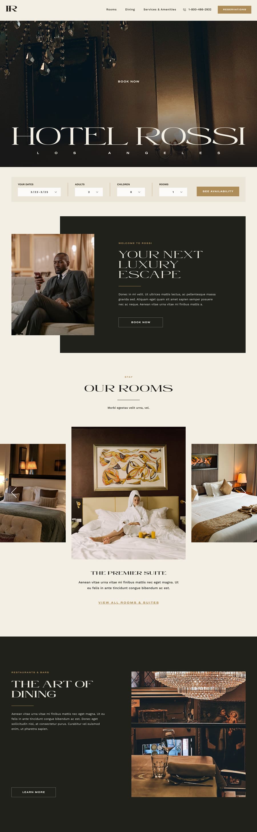 The Hotel Rossi landing page, top half