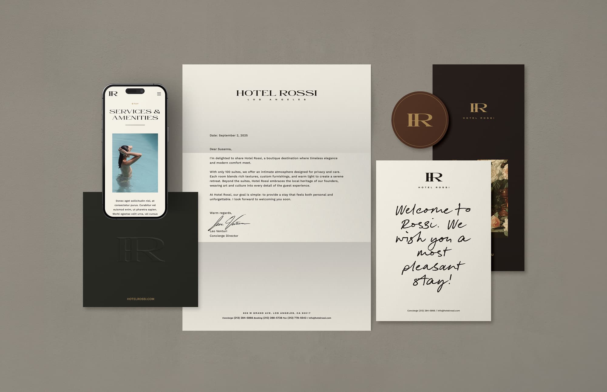Hotel Rossi letterhead, welcome card, key card and phone mockup