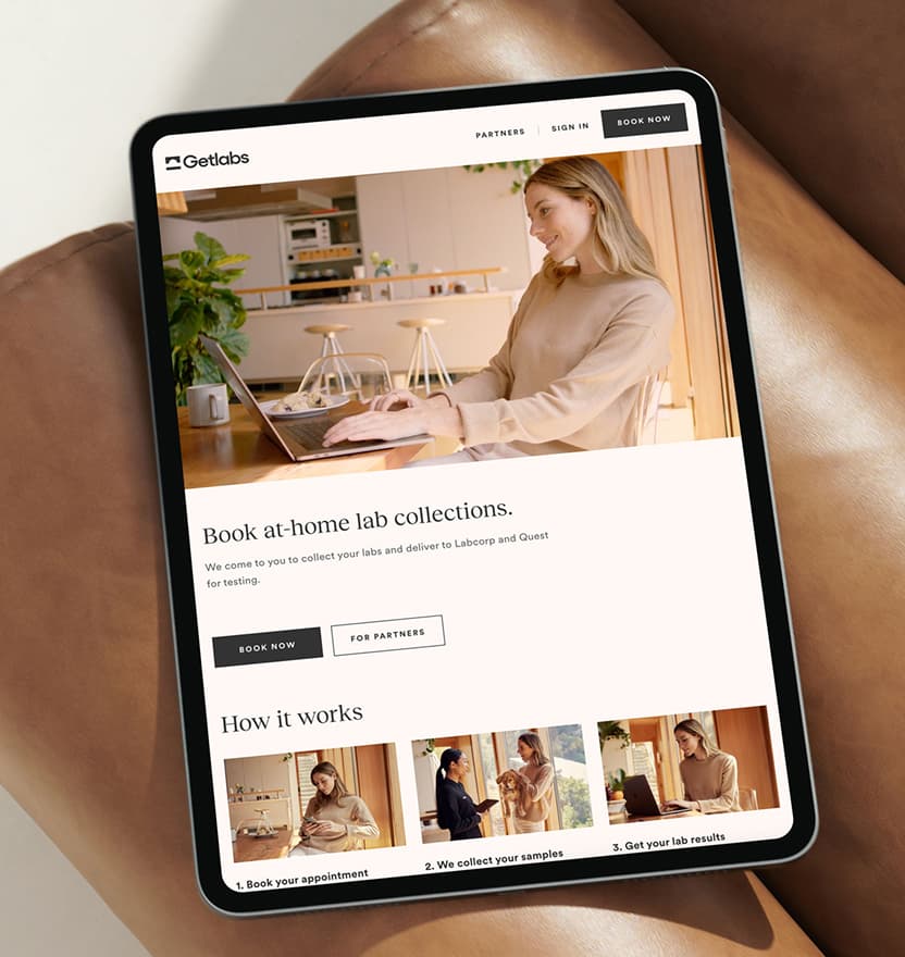 The Getlabs marketing site's home page on an iPad