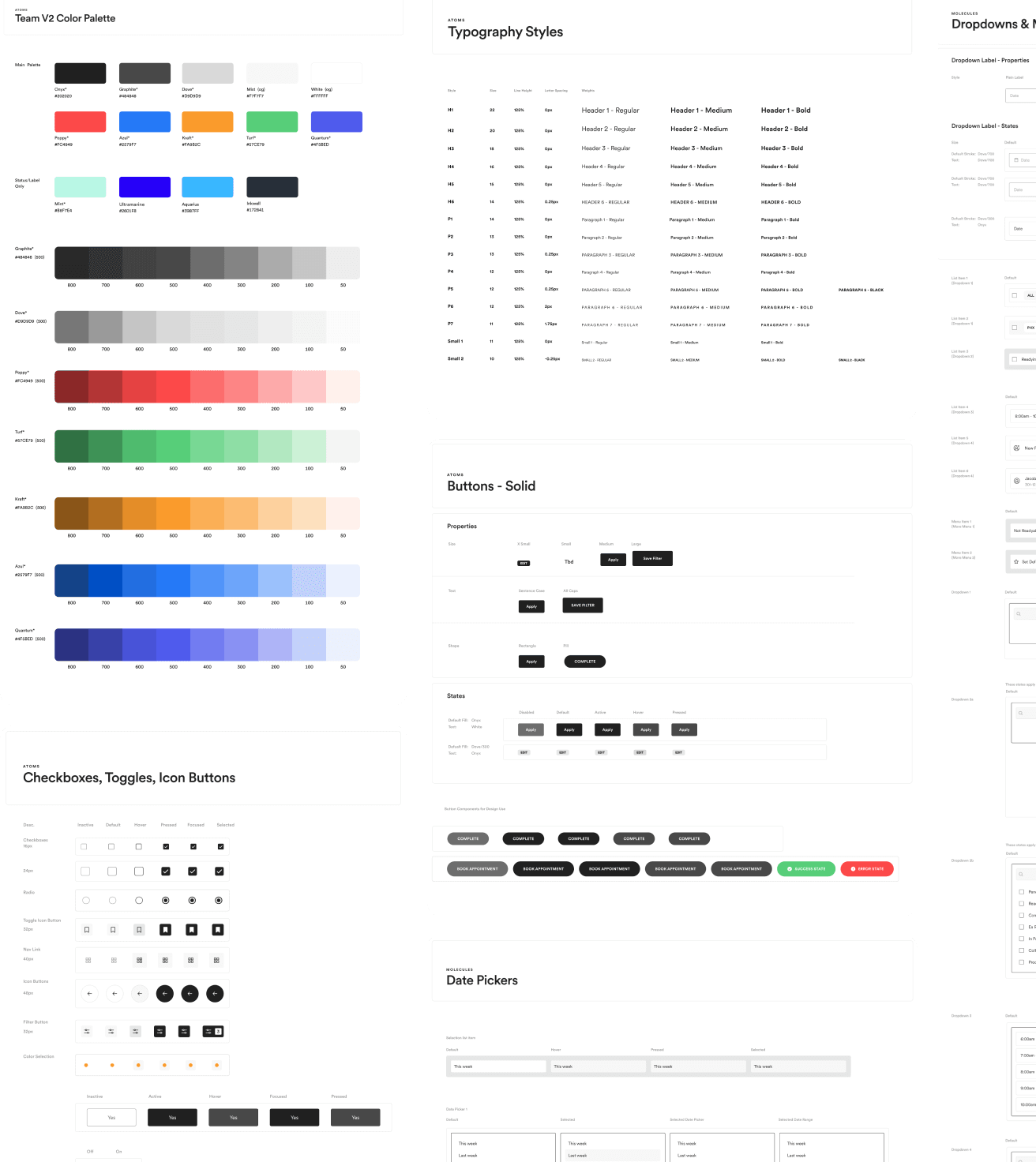 Pages from the Getlabs design system in Figma: the colour palette, typography styles, buttons, form controls and date pickers