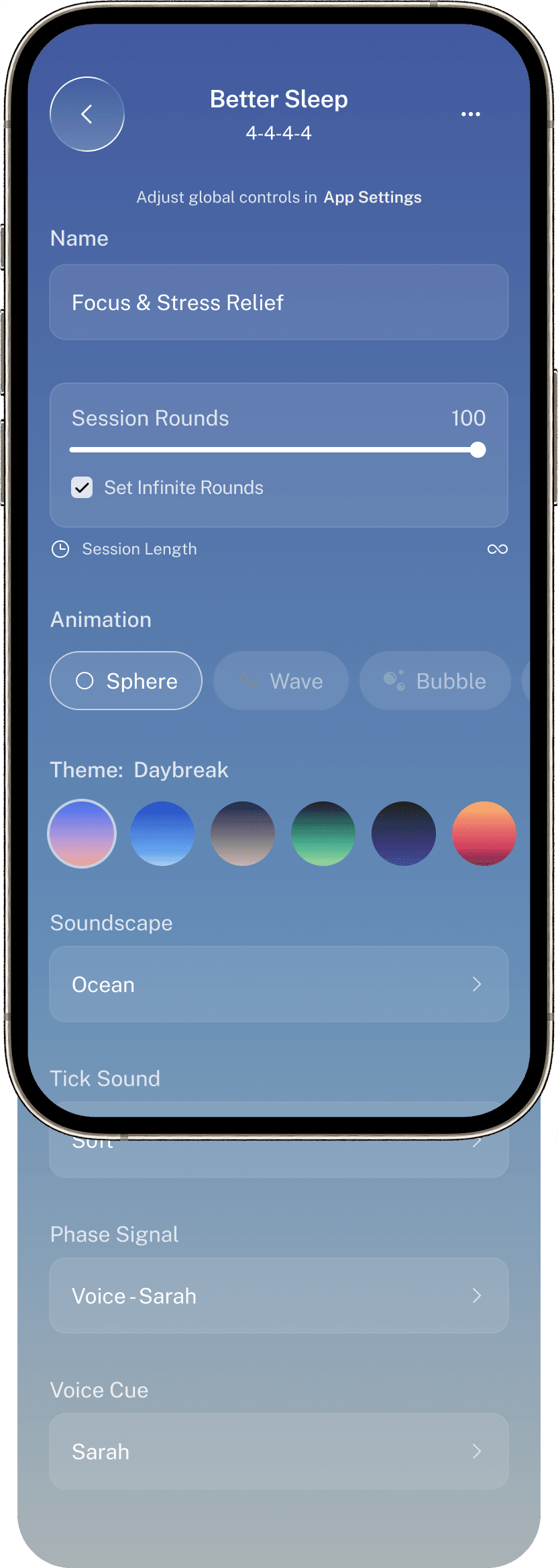 The Better Sleep session controls on an iPhone: name, rounds, animation, theme, soundscape and voice settings