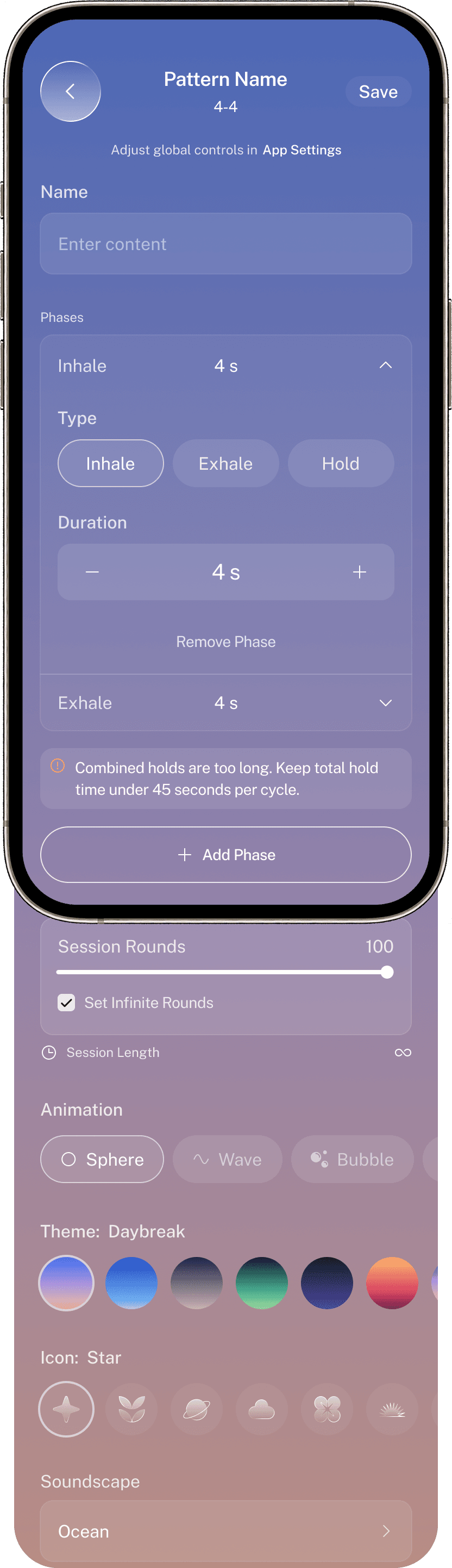 Building a custom breathing pattern on an iPhone: phases with type and duration, rounds, animation, theme and icon