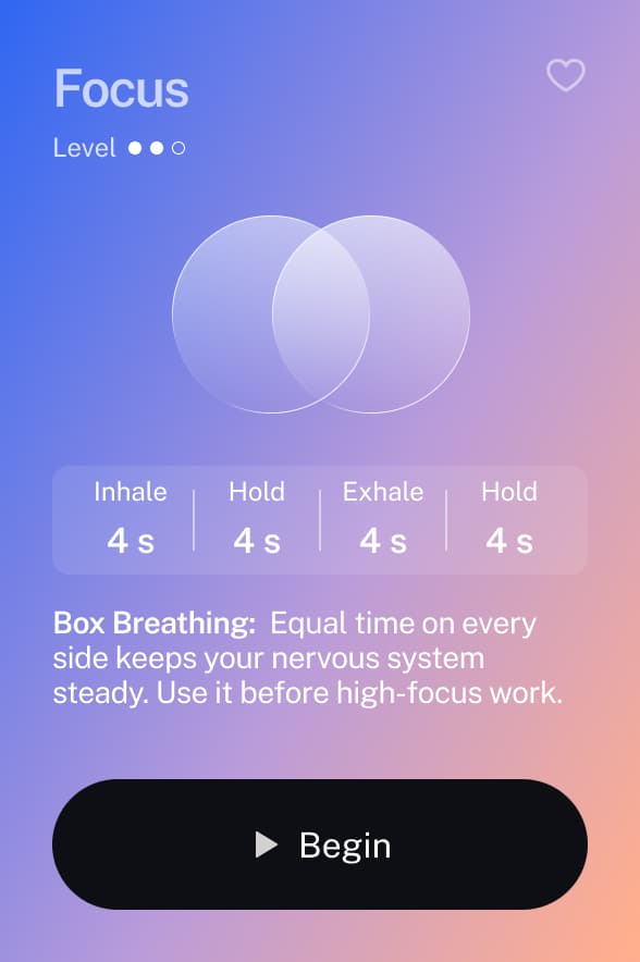 The Focus session card from the app's Explore screen: level, the box-breathing phases and a Begin button