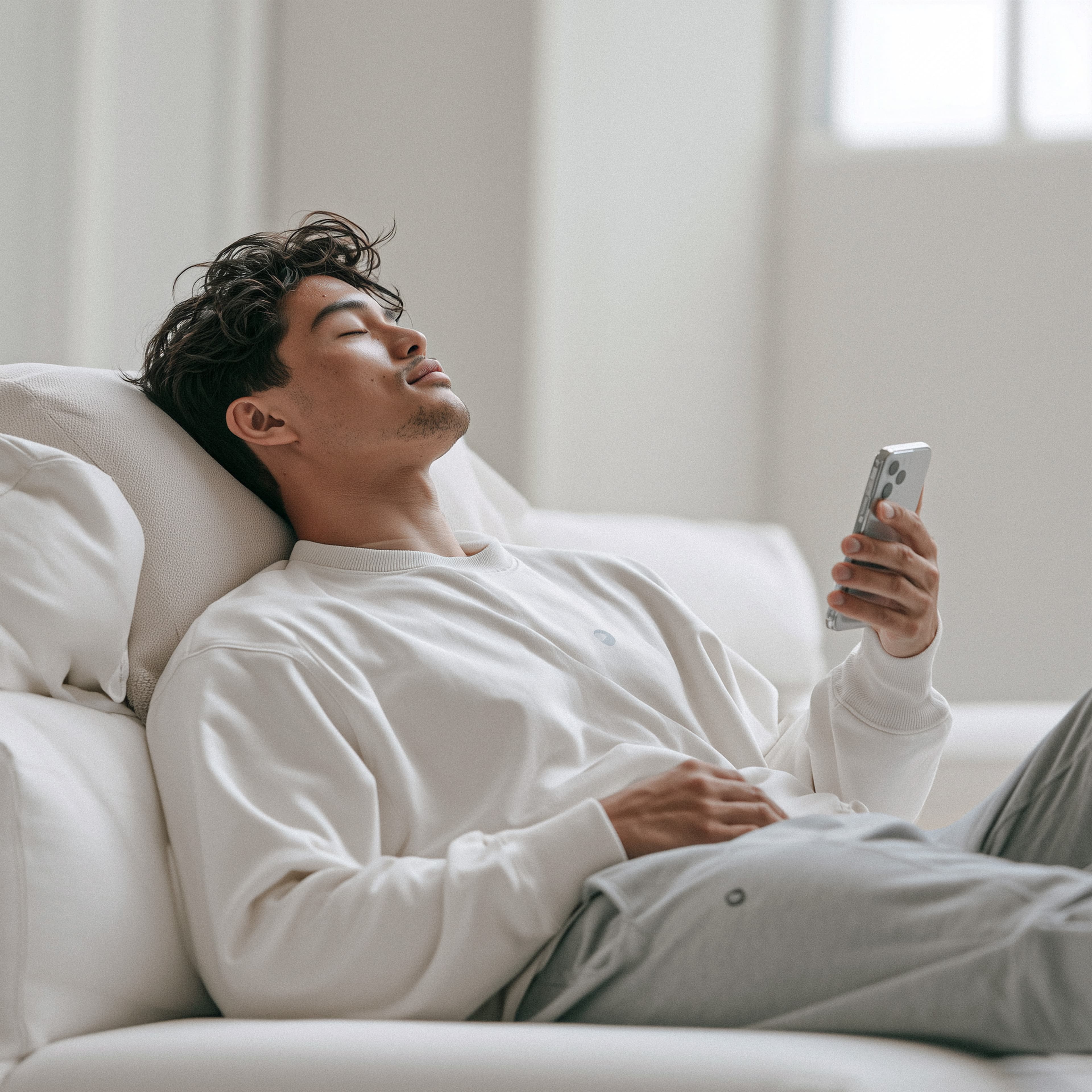 A man reclining on a white sofa with his eyes closed, phone in hand