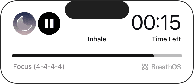 The BreathOS Live Activity: a Focus session with 15 seconds left on the Inhale phase